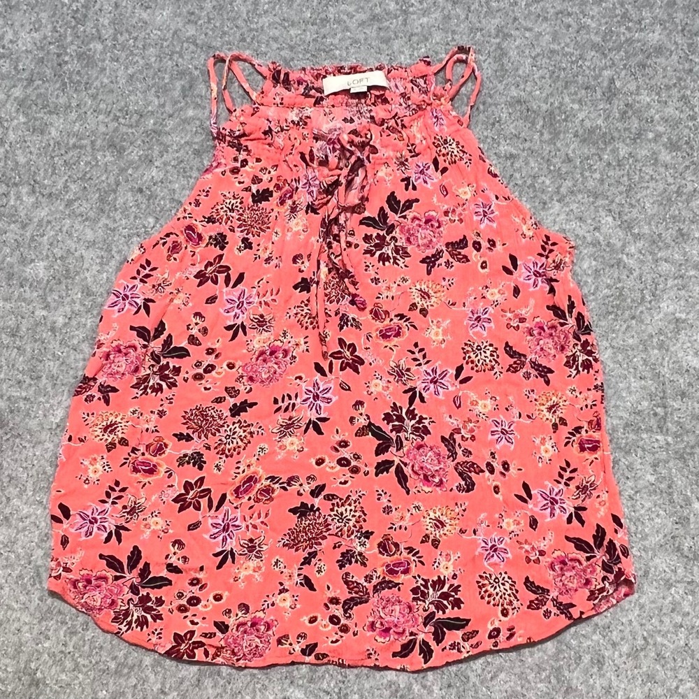LOFT Womens XS Coral Pink Floral Ruffle Neck Keyhole Tie Rayon Halter Tank Top